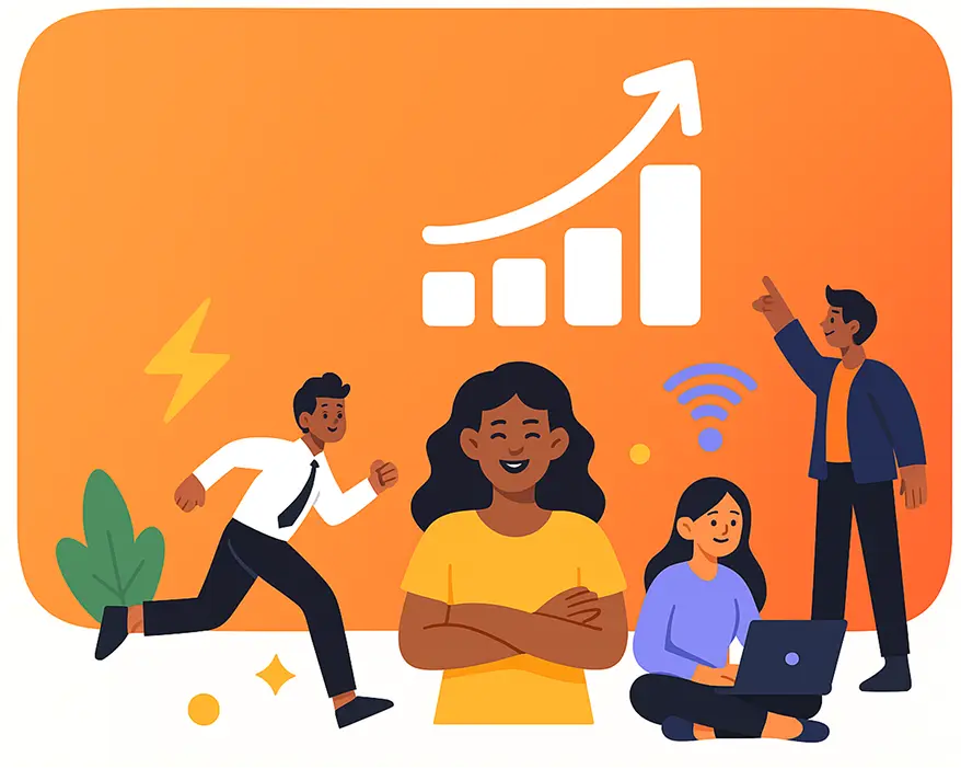 GoreAd graphic of a diverse team celebrating growth with a rising bar chart, symbolizing career success and engagement at GoreAd.