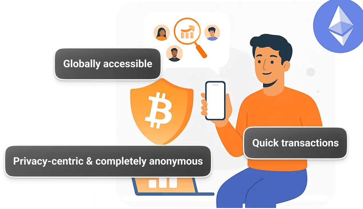 GoreAd graphic of a man holding a phone next to a BitCoin icon and labels describing the accessibility, speed, and privacy of crypto.