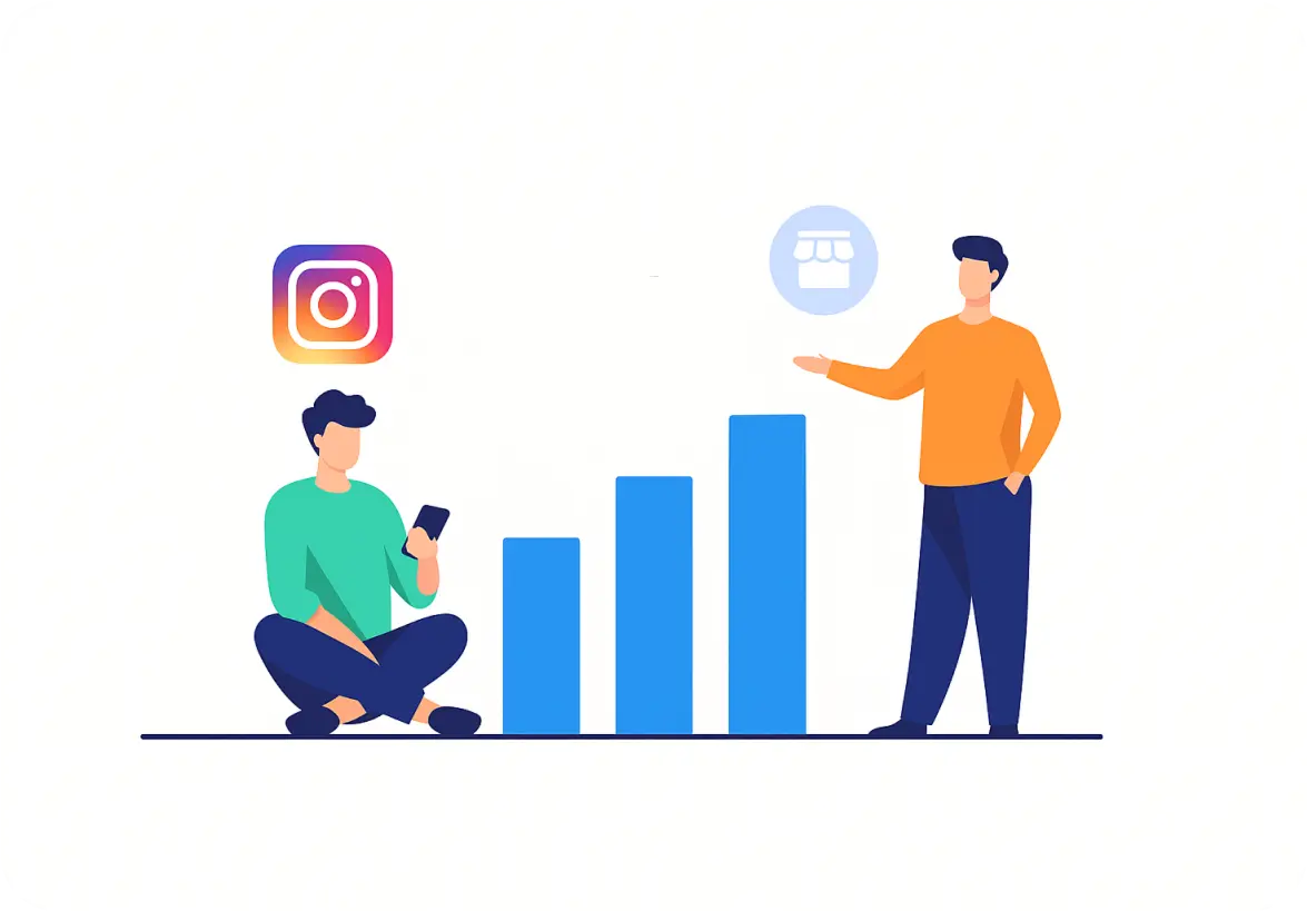 GoreAd graphic of two people with Instagram and storefront icons beside a rising bar chart symbolizing social media growth.
