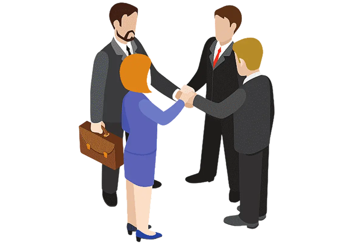 GoreAd graphic of four business professionals shaking hands in a circle, symbolizing partnership and collaboration.