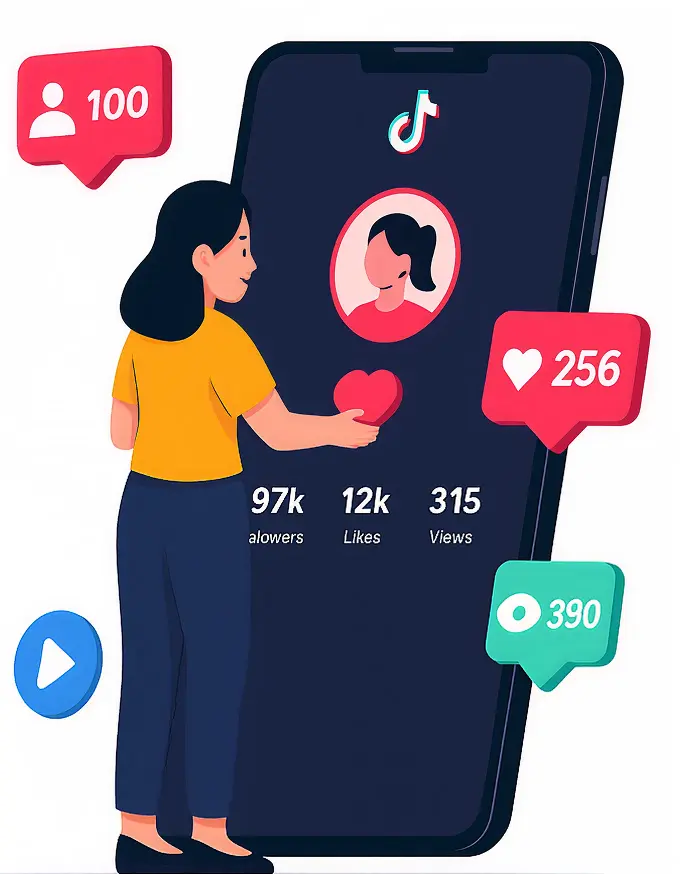 GoreAd graphic of a woman holding a phone next to a screen showing Instagram followers, likes, and views with a "BUY" button.