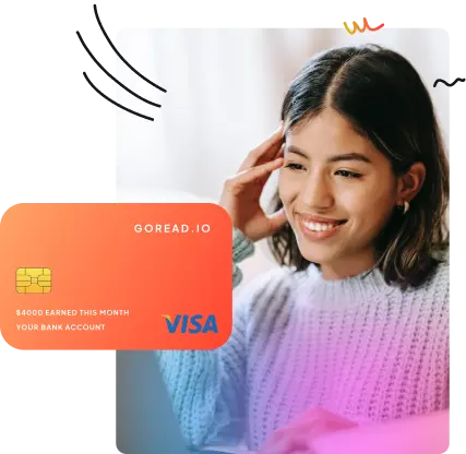 GoreAd graphic of a credit card overlaying a photo of a smiling woman, symbolizing a happy affiliate partner.
