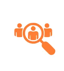 Magnifying glass over people icons symbolizing talent and recruitment.