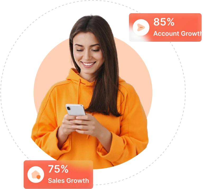 GoreAd graphic of a woman using her phone with circular metrics showing 85% Instagram account growth and 75% sales growth