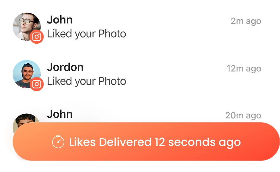 GoreAd graphic of Instagram notifications showing users liking a photo, with a banner saying "Likes Delivered 12 seconds ago.