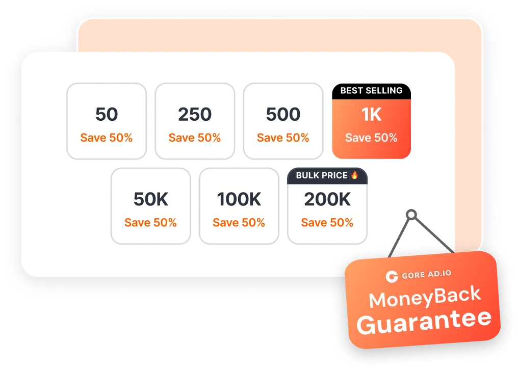 GoreAd graphic of follower package options with a “MoneyBack Guarantee” tag and highlighted best-selling and bulk prices.